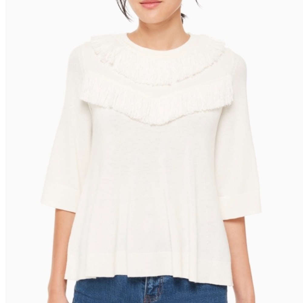 KATE SPADE neutral scoop neck fringe sweater